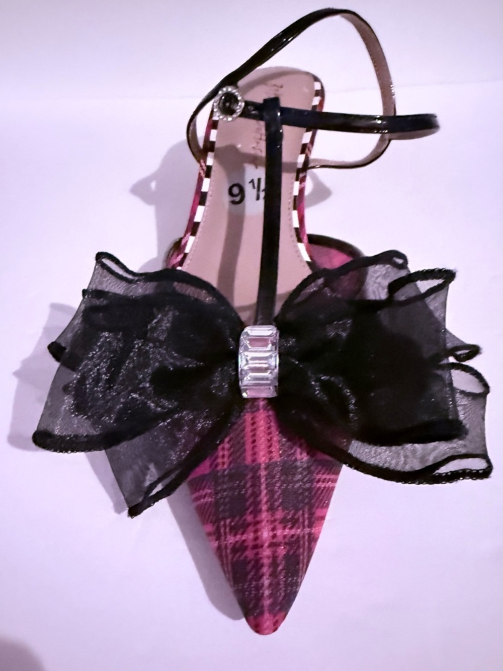 Betsey Johnson Pink Plaid Pointed Toe Heels with Black Bow